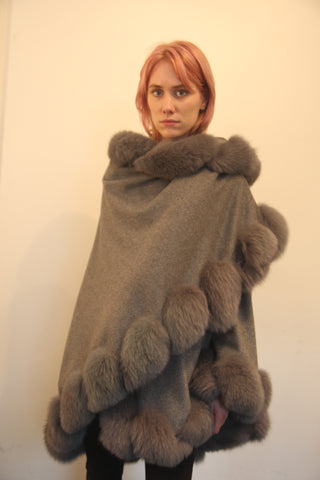 Grey Cashmere Cape with Twist Fox Trim