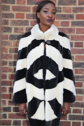 Black and White Geometric Mink Jacket
